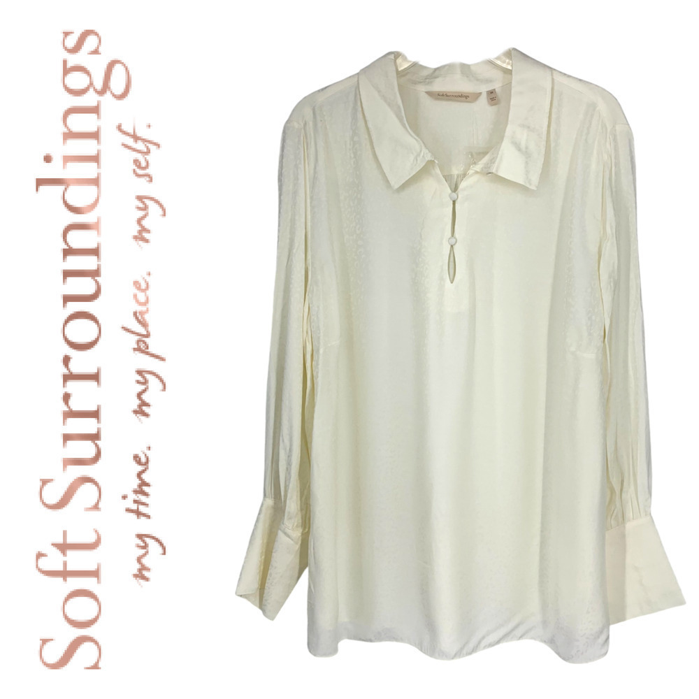 New Soft Surroundings Plus Sz 2X Ivory Leopard Print Blouse Poet Cuff 5DR89 NWOT